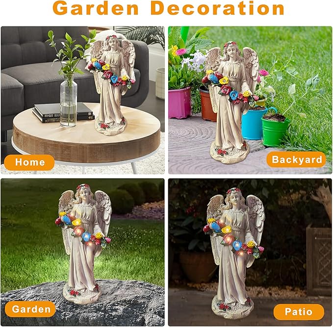 Angel Statues for Garden, Solar Angels for Outside, Angels Sculpture Holding Wreath for Outdoor Patio Lawn Balcony Ornament Gifts for Women/Mom/Grandma-VerdiqueGarden