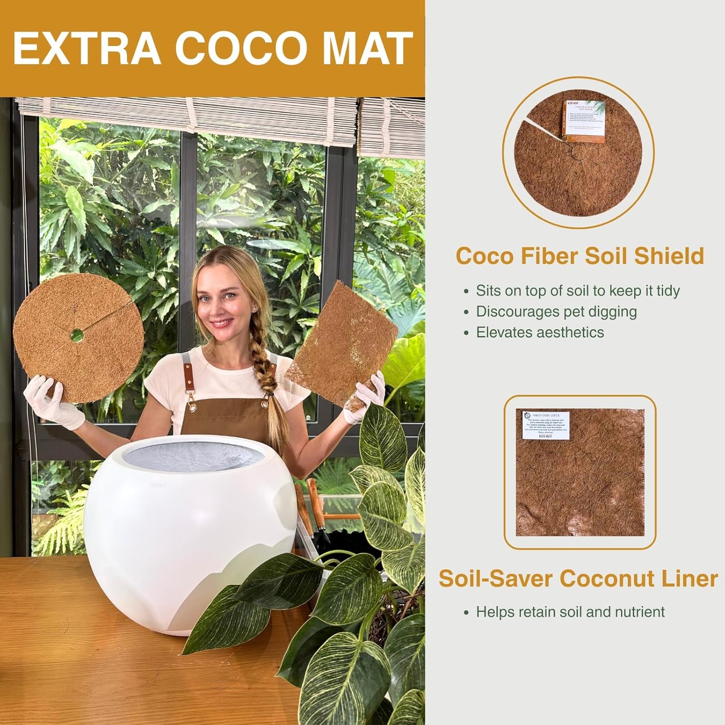 9.7" H x 12" D Globo Fiberstone Round Planter with Drainage Hole, Weather Resistant, Planters for Indoor Plants & Outdoor, 2 Extra Coco Mats (Kilim Beige, 7.8" Pot Opening)-VerdiqueGarden