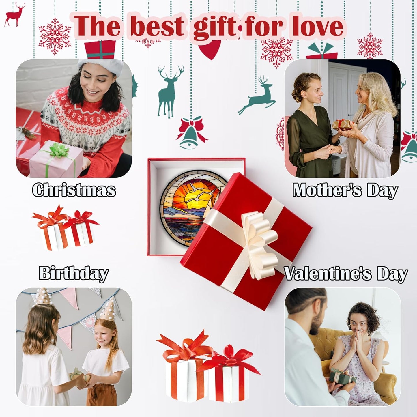 Stained Glass Window Hanging, Sun Ocean Sailboat Seagull Abstract Suncatcher Diamond Glass Panel Sun Catchers Decor for Birthday for Women, Men, Wife, Aunt, and Mom 7.8 in-VerdiqueGarden