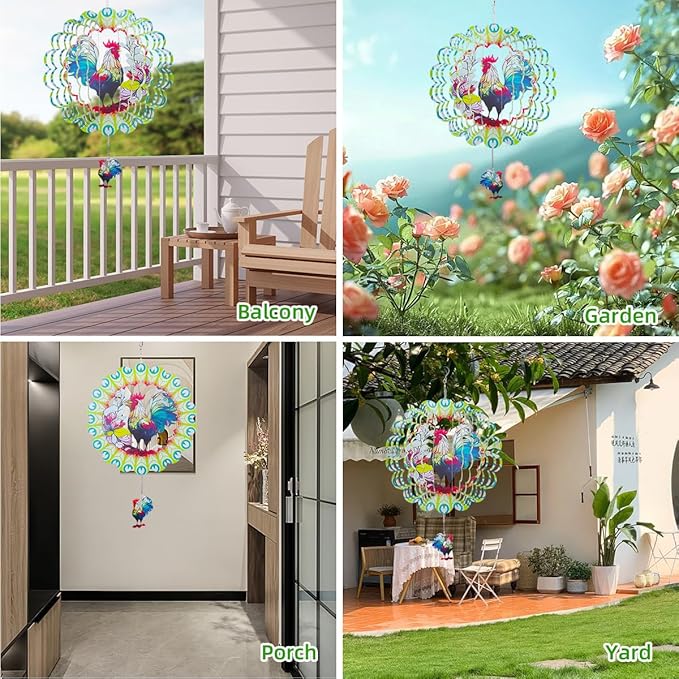 Wind Spinners Outdoor, FACIACC Rooster Metal 3D Hanging Garden Decor, 12-inch Stainless Steel Wind Spinner with Tail Spinner, Wind Sculptures for Indoor Patio Lawn Yard, Ornament Gift for Women/Men-VerdiqueGarden