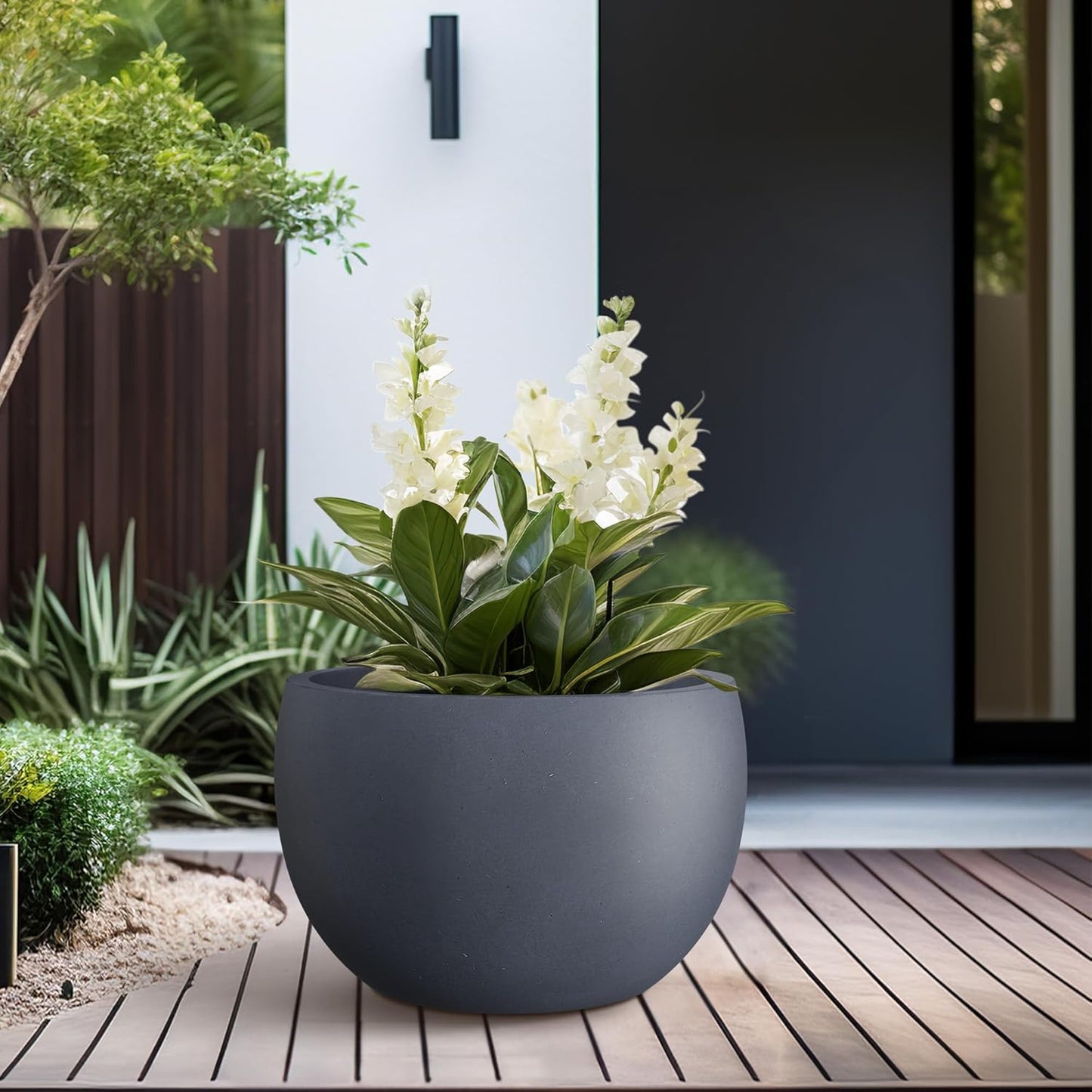 Kante 15.7" Dia Round Concrete Planter, Outdoor/Indoor Large Bowl Plant Pots with Drainage Hole and Rubber Plug for Garden Patio Balcony Home, Charcoal-VerdiqueGarden