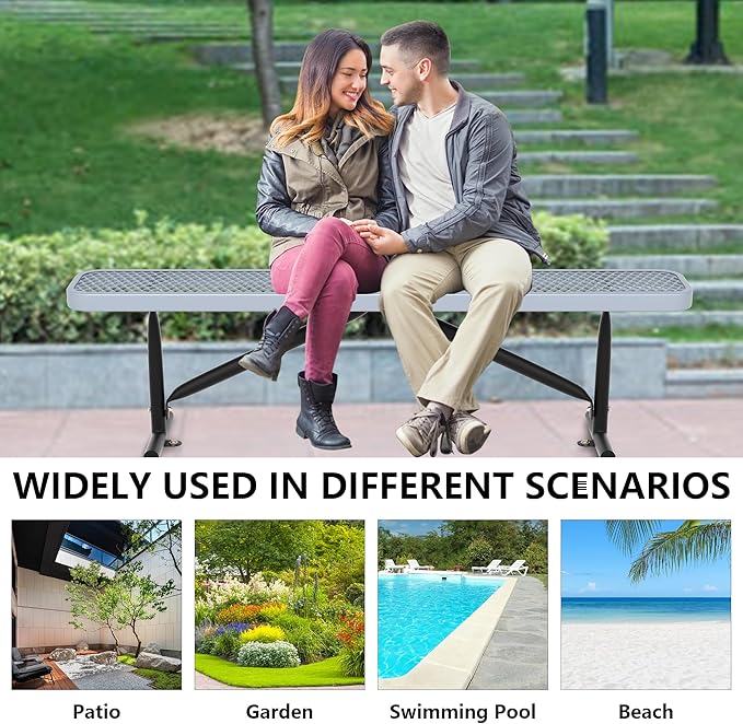 48" L Outdoor Steel Flat Bench, Heavy Duty Metal Park Bench for Outside, Expanded Metal, Commercial Benches Mesh Bench for Shopping Mall, Store, Lawn, Park, Patio, Deck, Garden (Grey, 6FT)-VerdiqueGarden