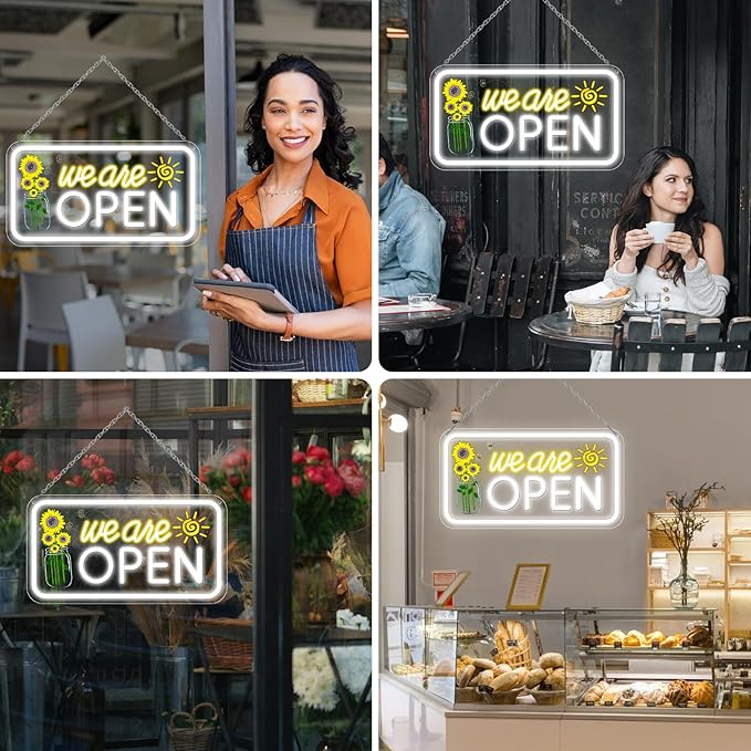 Neon We are Open Signs for Business, 16.5x9'' Open Sign with Printed Flower and Sun, with ON/OFF Switch & Adapter, Daylight White, Ideal for Window, Party, Wall, Bars, Coffee Shops, Salons, Clubs, Hotels-VerdiqueGarden