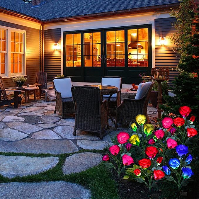 ANGMLN 2 Pack Solar Garden Lights, Solar Flower Lights Outdoor Waterproof with 10 Head Blue Rose 7-Color Changing Landscape Light for Garden Yard Pathway Patio Grave Cemetery Decoration-VerdiqueGarden