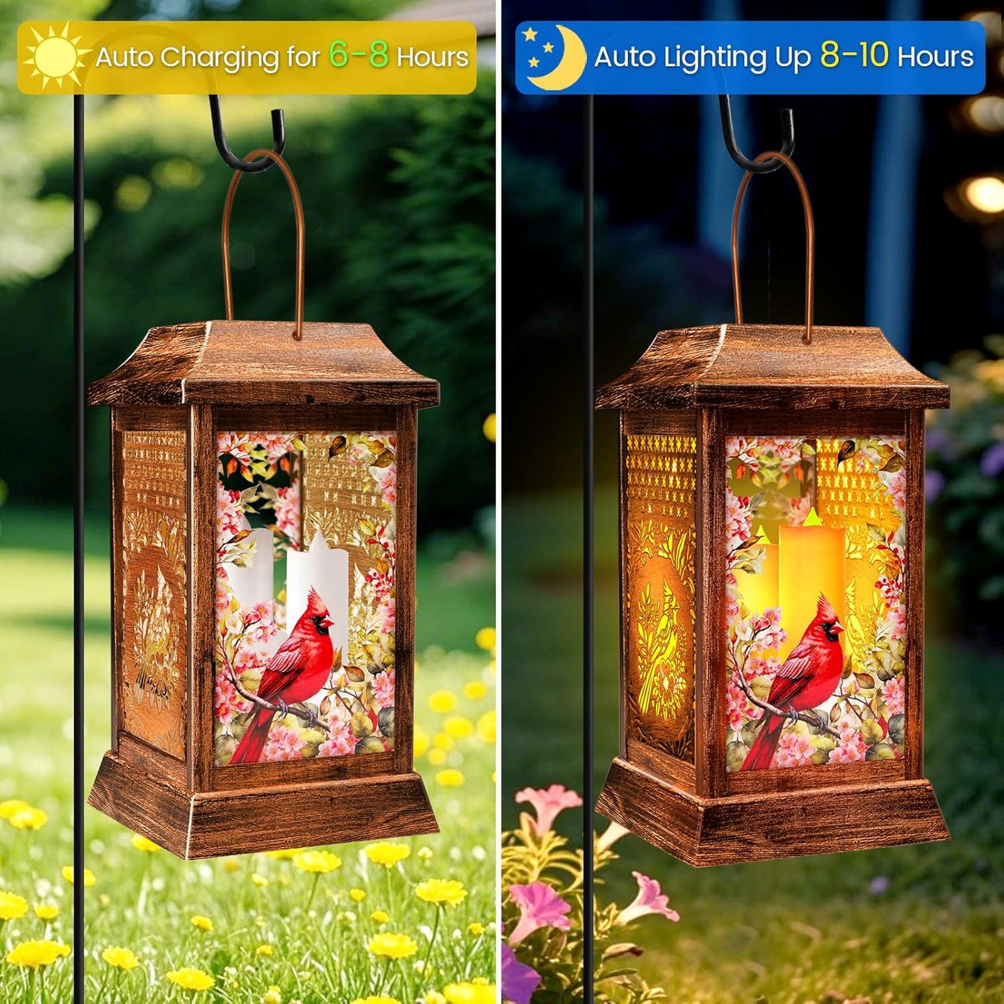 Cardinal Solar Lanterns Outdoor Hanging Lanterns, Metal Glass Garden Decor Solar Lights, Gifts for Women Mom Birthday Grandma Mothers Day, Waterproof Decorative Lantern for Outside Patio Yard-VerdiqueGarden