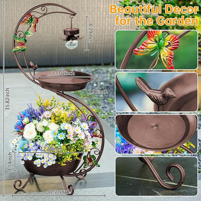 Bird Bath for Outside with Solar Lamp, 36" Birdbaths for Outdoors with Planter Flower Pot, Metal Bird Bath Bowl for Garden Yard Decor (All Vintage Brown)-VerdiqueGarden