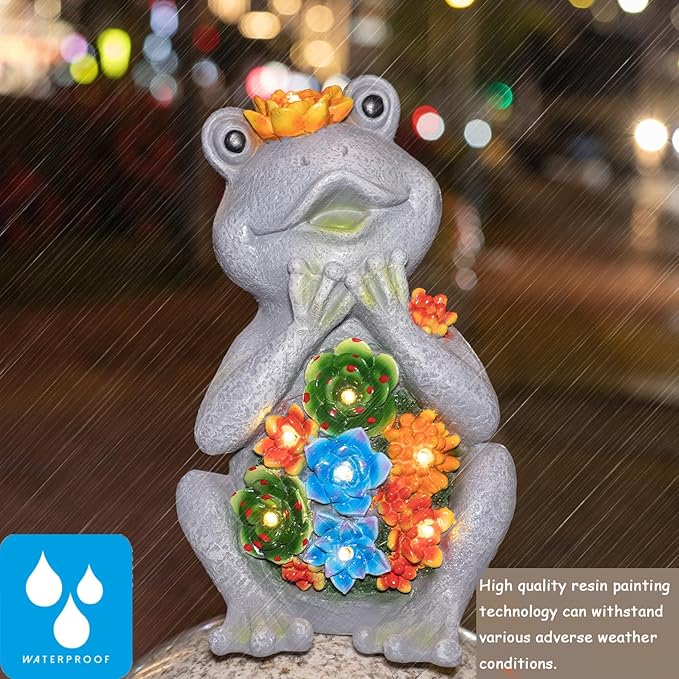 Frog Solar Figurine Light Statue Outdoor Gardening Gifts Decoration Garden Frogs Yard Decor Lamp With 8 Led Lights And Succulent Waterproof Patio Lawn Decor Housewarming Frog Gifts For Women-VerdiqueGarden