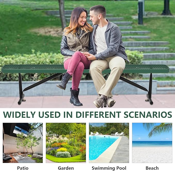 96" L Outdoor Metal Benches, Heavy Duty Garden Park Bench for Outside, Porch Chair Sports Backless Commercial Benches Mesh Bench for Shopping Mall, Store, Lawn, Park, Patio, Deck, Garden-VerdiqueGarden