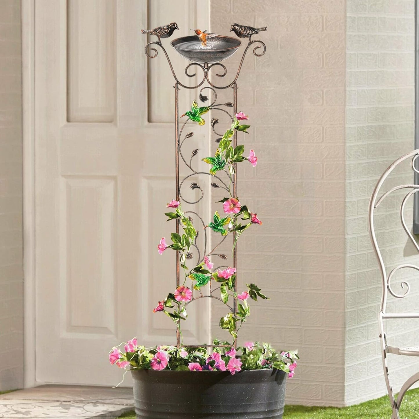 LEWIS&WAYNE Garden Trellis Bird Bath Outdoor, 40 Inch Antique Iron Garden Plant Trellis Decorative with Hummingbirds and Detachable Drinking Basin Bowl, Free Standing BirdBath Birdfeeder Station-VerdiqueGarden