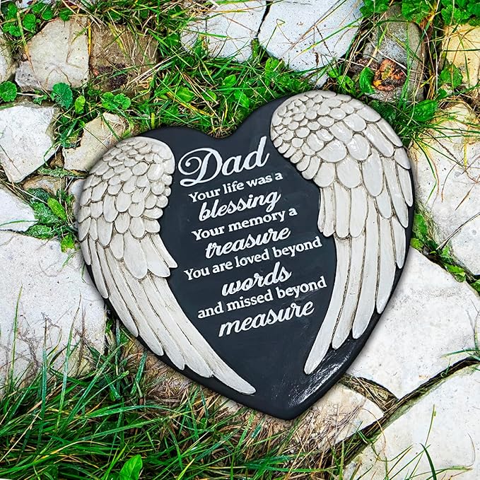 Dad Memorial Garden Stone, Dad Stepping Garden Memorial Stone, in Memory of Dad Stones Gifts for Loss of Father, Loss of Dad, Father Memorial Angel Wings Heart Stone TNS13-VerdiqueGarden
