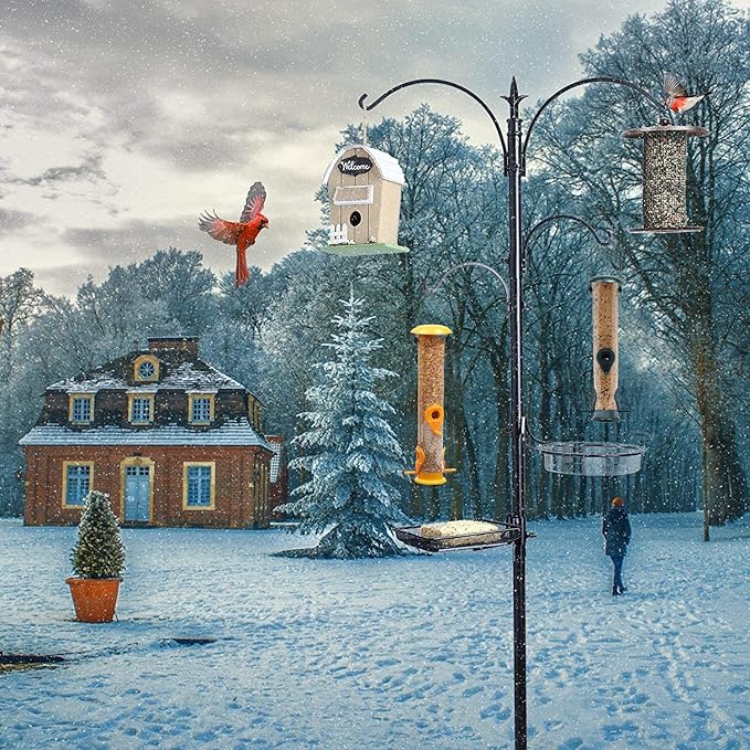 Premium Bird Feeding Station with 2 Bird Feeders Included for Outside - Multi Feeder Pole Stand Kit with 4 Hangers, Bird Bath and 5 Prong Base for Attracting Wild Birds - 22 Inch Wide x 91 Inch Tall-VerdiqueGarden