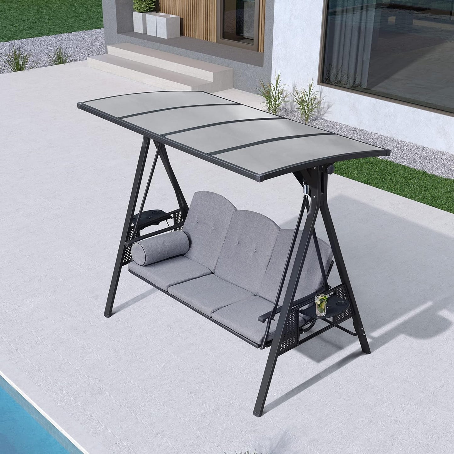 PURPLE LEAF Outdoor Patio Porch Swing with Adjustable PVC Canopy, 3-seat Swing Chair Bench with Side Cup Holder for Backyard Front Porch Lawn, Cushions and Pillow Included, Grey-VerdiqueGarden