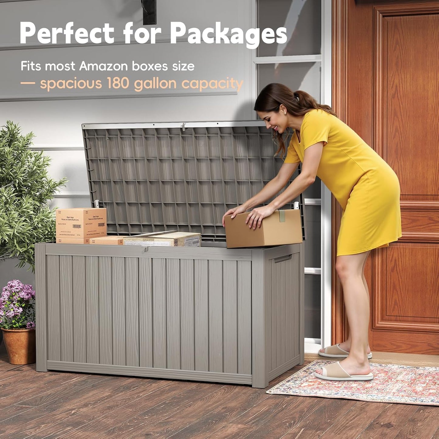 Outdoor Storage Box, 180 Gallon Waterproof Resin Deck Box, Storage Bin for Package Delivery, Patio Furniture Cushion, Garden Tools, Pool Accessories, Weatherproof and UV Resistant, Grey-VerdiqueGarden