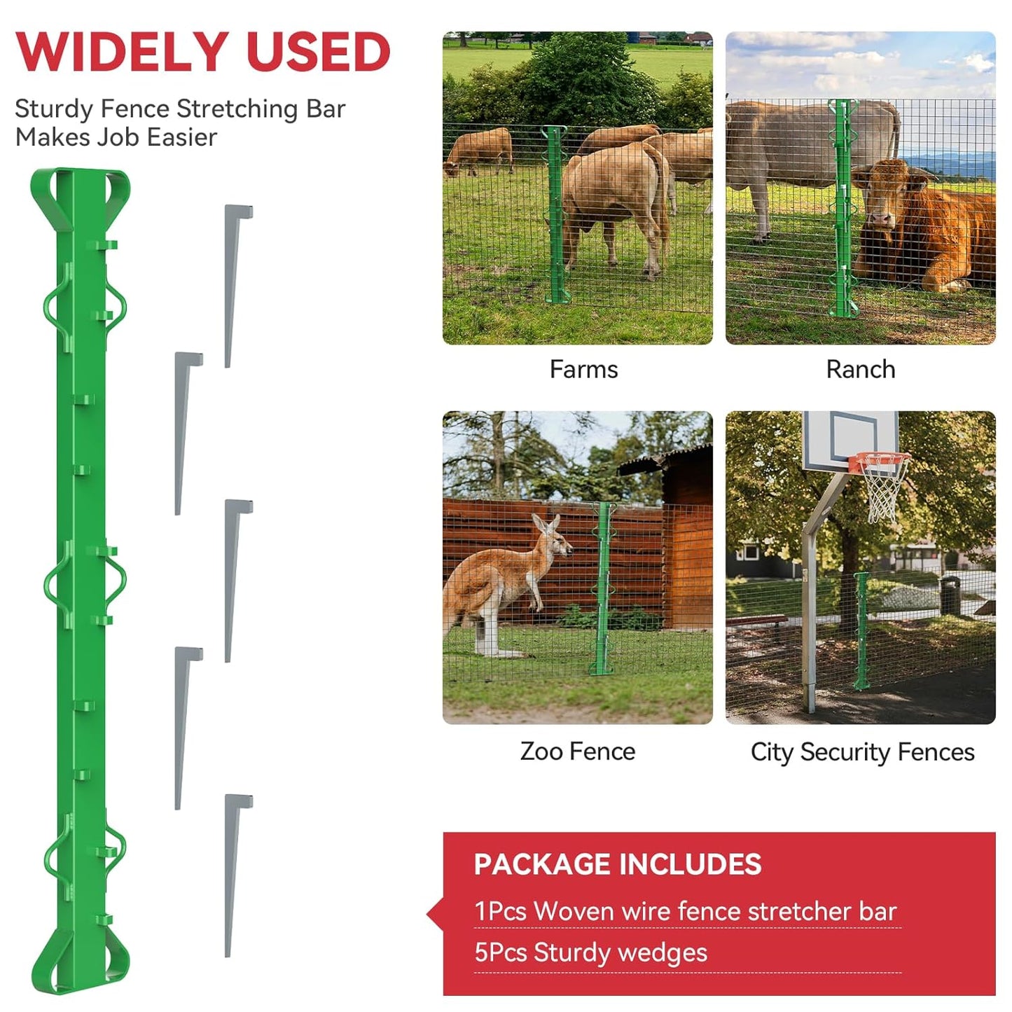 4ft Woven Wire Fence Stretcher Bar with 5 Wedges Heavy Duty Wire Stretcher Fence Tool for Farms, Ranches, Garden Barriers, Yard (Green)-VerdiqueGarden