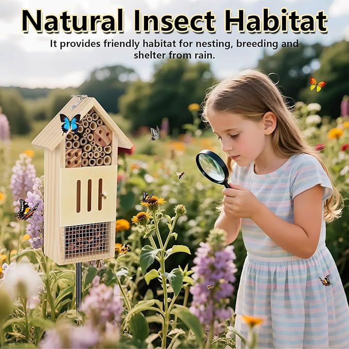 Wooden Insect House, Bee House with Metal Stake for Gardens, Insect Hotel & Butterfly Hotel on The Ground or Hanging on Tree Wall, Natural Insect Habitat for Bee, Butterfly, Ladybirds, Bugs-VerdiqueGarden