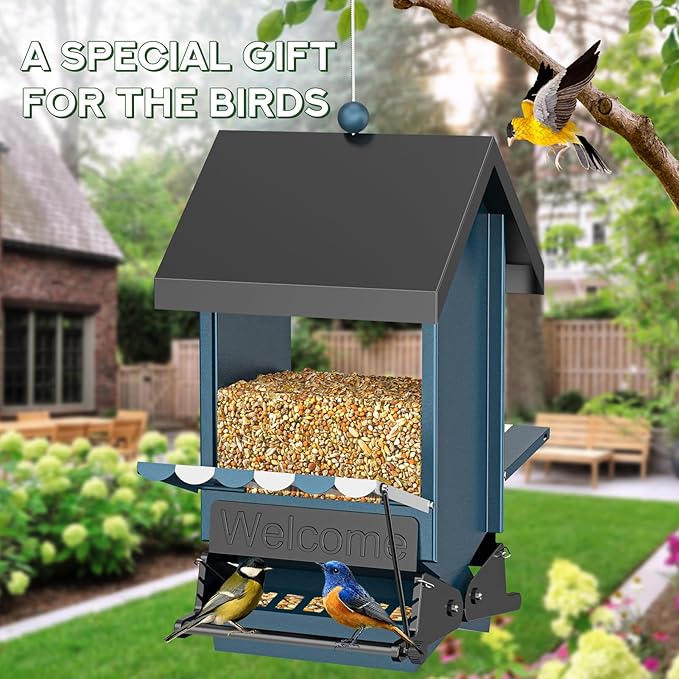 Weight Activated Squirrel Proof Bird Feeder with Canopy | 5LB Large Capacity, Weather-Resistant Design | Attracts Finches, Cardinals & More for Outdoor Bird Watching-VerdiqueGarden