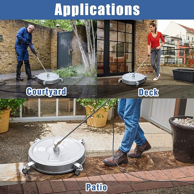 JANZ 20'' Pressure Washer Surface Cleaner with 4 Wheels, Stainless Steel Housing, 1/4" Quick Plug, 2 Extension Wands, 2 Replacement Nozzles and 3 Spray Nozzles, 4000 PSI-VerdiqueGarden