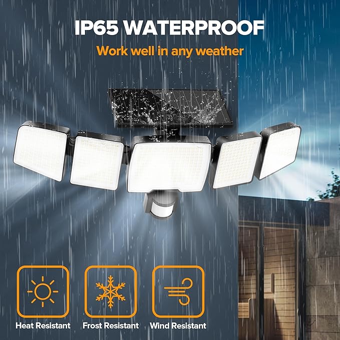 UME Solar Outdoor Lights 620 LED 4500LM, IP65 Waterproof Motion Sensor Outdoor Lights, 5 Heads Solar Security Flood Light 270 Wide Lighting Angle with 3 Modes for Garden Patio Yard - 2 Pack-VerdiqueGarden