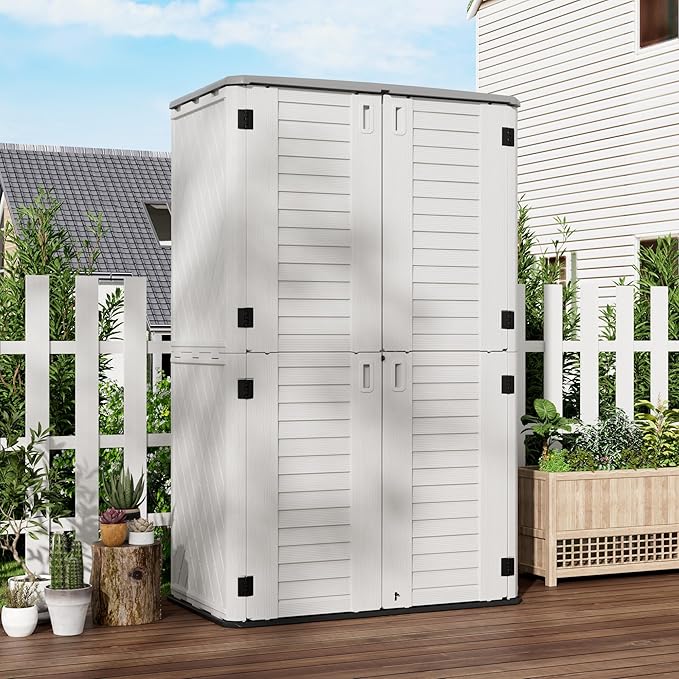 Outdoor Storage Cabinet Waterproof,Resin Vertical Storage Shed Lockable, 66 Cubic Feet Outdoor Storage Box for Garden/Backyard/Home/Pool-VerdiqueGarden