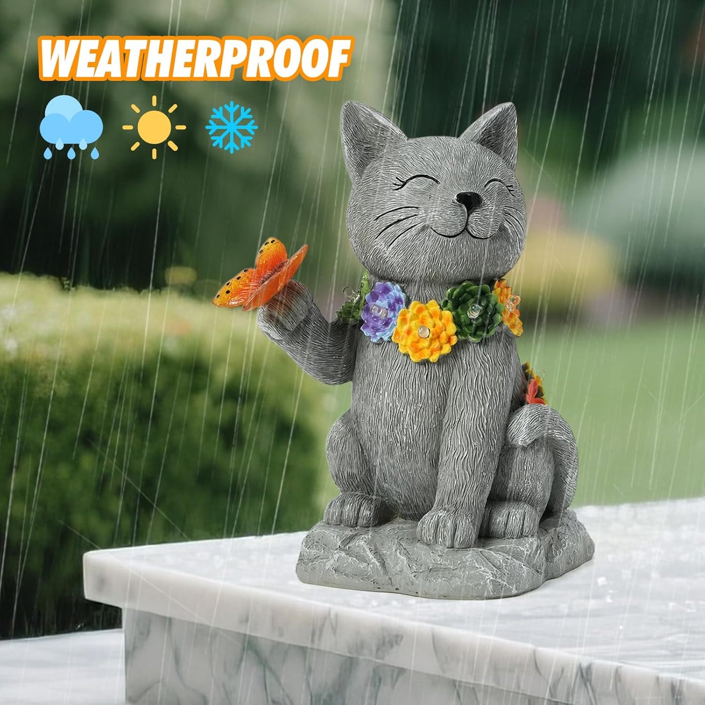 Outdoor Solar Cat Garden Statue - with LED Flower and Butterfly Statue Light, Suitable for Lawn Decor, Porch, Yard Decorations Outdoor, Birthday Gift for Women-VerdiqueGarden