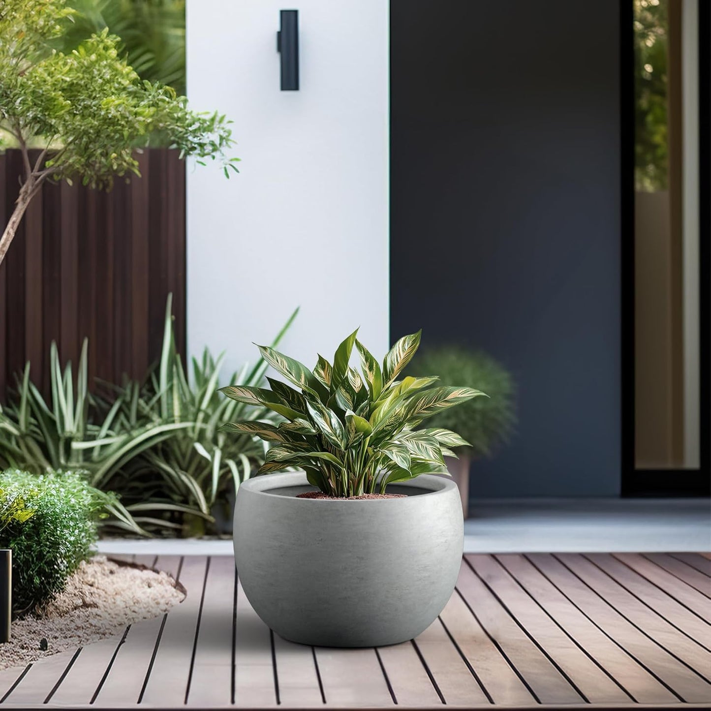 Kante 19.9" Dia Round Concrete Planter, Outdoor/Indoor Large Bowl Plant Pots with Drainage Hole and Rubber Plug for Garden Patio Balcony Home, Natural Concrete-VerdiqueGarden