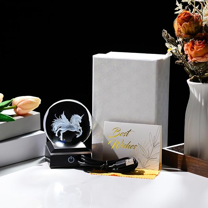 Qianwei Unicorn Gifts for Women 3D Crystal Ball 3.14'' - 80mm Laser Unicorn Decor Glass Animals Unicorn Gifts Figurines Statue Stuff for Room Decorations Unicorn Night Light-VerdiqueGarden