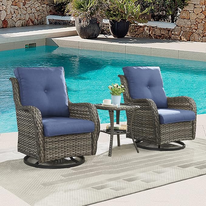 Outdoor Patio Swivel Rocker Chairs - 3 Piece Patio Bistro Set,Wicker Patio Furniture Set with 2 Swivel Rocking Chairs and 1 Glass Top Side Table for Deck Porch Garden,Mixed Grey/Blue-VerdiqueGarden