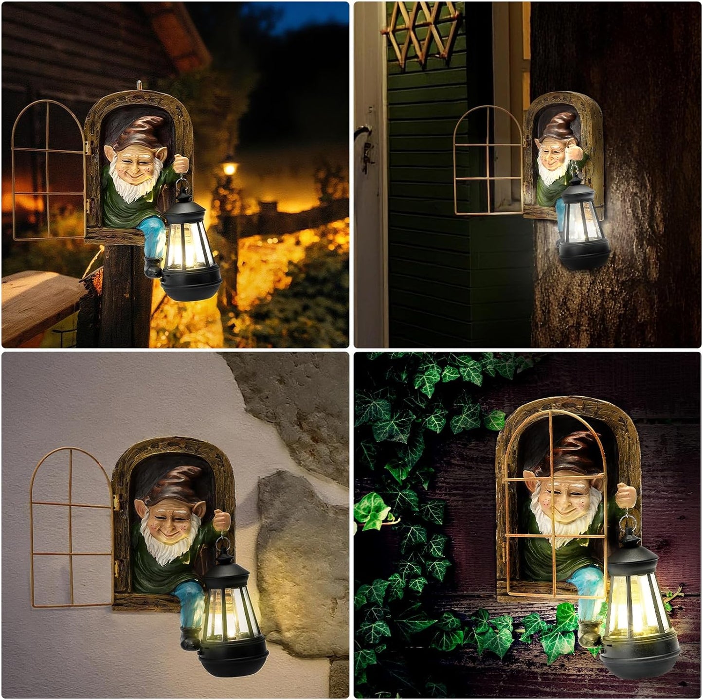 Garden Gnome Decor Outdoor Statue - Gnome With Solar Waterproof Lantern, Whimsical Elf Out The Door Tree Hugger Garden Statues, Home, Fence, Patio, Resin Ornament, Gardening Gift Tree Faces Gnomes-VerdiqueGarden