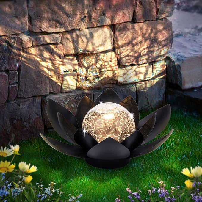 Huaxu Solar Lights Outdoor Garden Decor Metal Black Lotus Decoration, Crackle Globe Glass Waterproof LED Outside Table Lamp for Patio,Lawn, Yard,Walkway,Tabletop,Ground Gifts for Mom-VerdiqueGarden