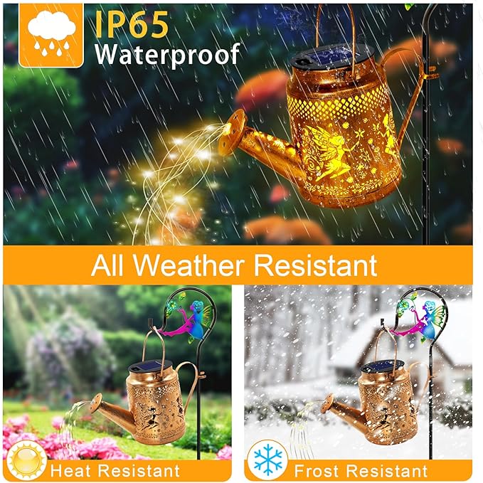 Solar Lanterns Outdoor Waterproof,Metal Watering Can Garden Decor,Fairy Hanging Solar Path Lights Yard Art,Outside Patio Decorations Gardening Birthday Gifts for Mom Grandma Women(with Shepherd Hook)-VerdiqueGarden