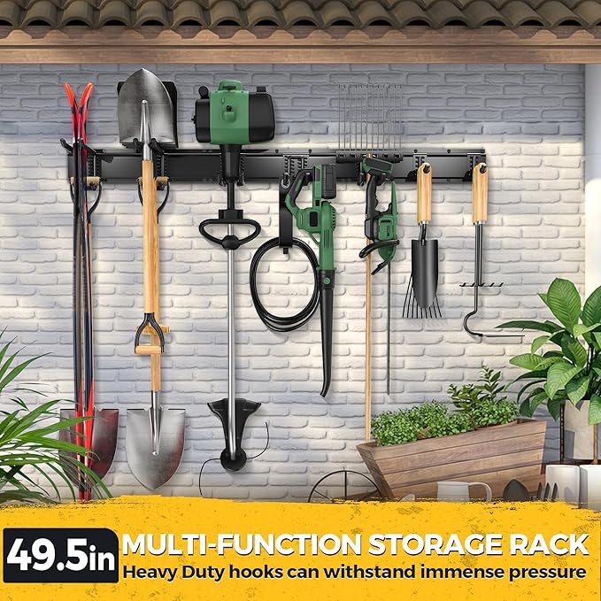LBT 49.5"Garage Tool Organizer Wall Mount 500lbs Garden Tool Organizer for Garage with Adjustable Hooks,Heavy Duty Yard Tool Storage Rack, Anti-Rust Shed Rack Holder Hanging Rake Broom Mower Snowboard-VerdiqueGarden