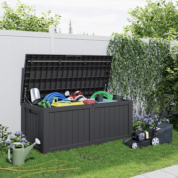 120 Gallon Resin Deck Box, Lockable Patio Outdoor Storage Box for Furniture, Garden Tools and Tools Storage, Waterproof Outside Storage Boxes - Black-VerdiqueGarden