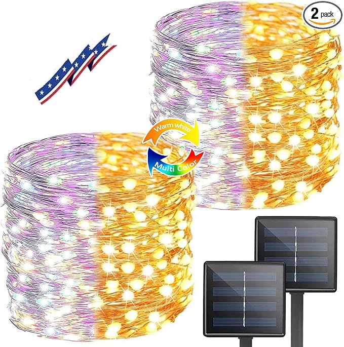 (Warm White ⇋ Multicolor) Solar Christmas String Lights Outdoor, 2-Pack 80FT 200 LED Waterproof Copper Wire, Solar Twinkle Lights with 8 Modes Solar Fairy Light for Tree Garden Wedding Christmas Decor-VerdiqueGarden