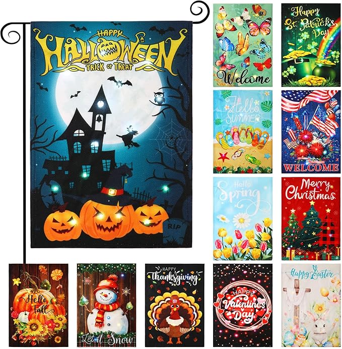 12 Pcs Solar Seasonal LED Garden Flags 12 x 18 Inch Double Sided Yard Flags Halloween Christmas Fall Thanksgiving Day Decorations Welcome Garden Holiday Yard Outside Lawn Decoration-VerdiqueGarden
