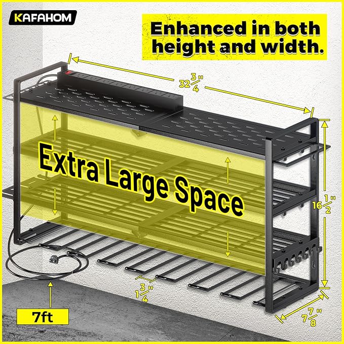 KAFAHOM Power Tool Organizer with Charging Station.Garage 8 Drill Holder Built in 8 Outlets Power Strip,Tool Storage Shelf Wall Mount,Tool Battery Organizer with Screwdriver/Hammer/Air Tool Rack-VerdiqueGarden
