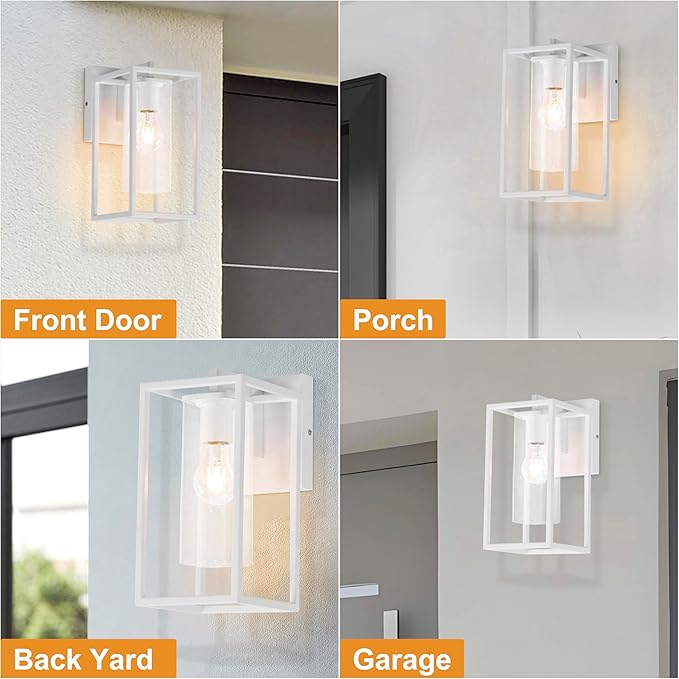 Pia Ricco Outdoor Wall Lights, Outdoor Wall Lantern with Circular Clear Glass Shade, Waterproof Exterior Lighting Fixtures, Modern Front Porch Lighting for House, Garage, E26 Base, ETL Listed, White-VerdiqueGarden
