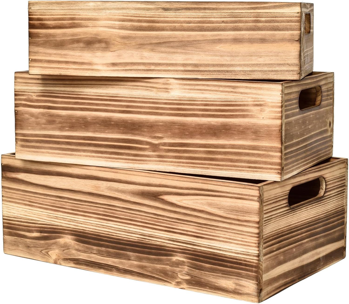 Set of 3 Wooden Boxes for Storage Small Torched Brown Wood Crates for Display and Organizing, Farmhouse Style Storage Boxes for Crafts Decor, Home Pantry and Living Room-VerdiqueGarden