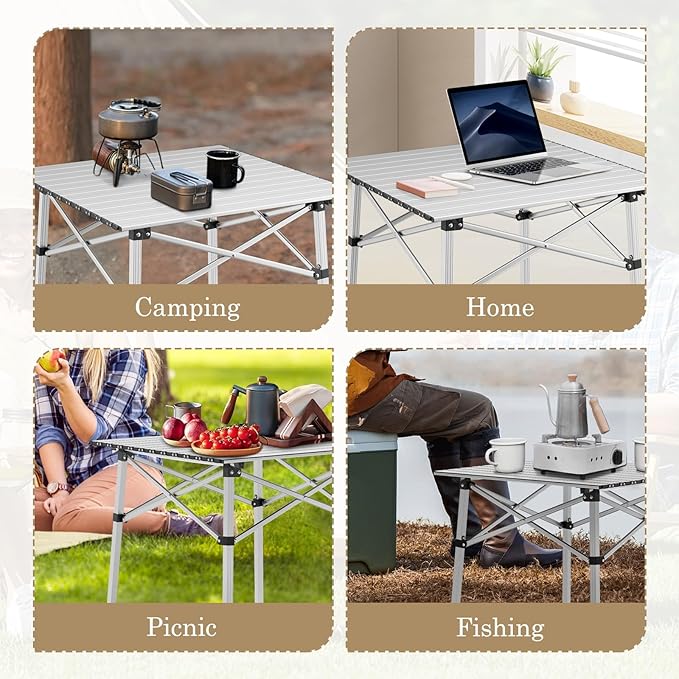 Athena Collection Foldable Camping Table, 28" Small Aluminum Outdoor Folding Camp Table with Roll Up Tabletop and Carry Bag, Lightweight and Portable for Outdoor Camping Picnic Grilling, Silver-VerdiqueGarden