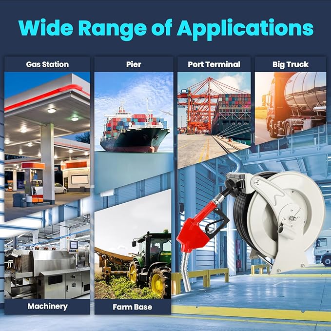 Retractable Fuel Hose Reel, 3/4 in × 66 ft Rubber Hose Heavy Duty Steel Professional Spring Driven Diesel Hose Reel with Fueling Nozzle Max 300PSI Auto Rewind Quick for Ship Vehicle Tank Truck-VerdiqueGarden