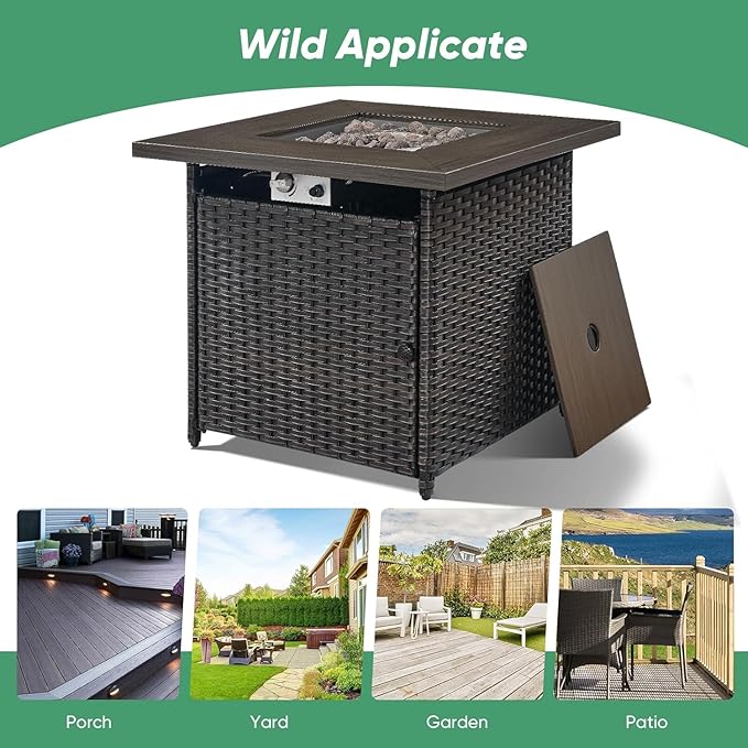 5 Pieces Patio Wicker Furniture Set - 4 Outdoor Swivel Rocker Glider Chairs with 50000BTU Propane Fire Pit Table, Warm Patio Conversation Set Red Cushion Perfect for Casual Gathering-VerdiqueGarden