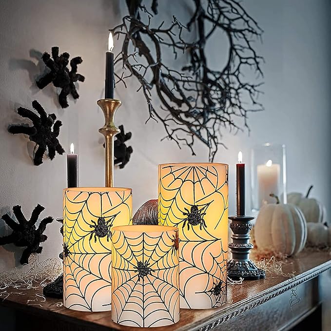 Spider Web Decor Flameless Candles Battery Operated with Remote Timer Haunted House Spooky Decorations Set of 3 Real Wax Black LED Flickering Candles Decorative for Halloween Decor Party-VerdiqueGarden