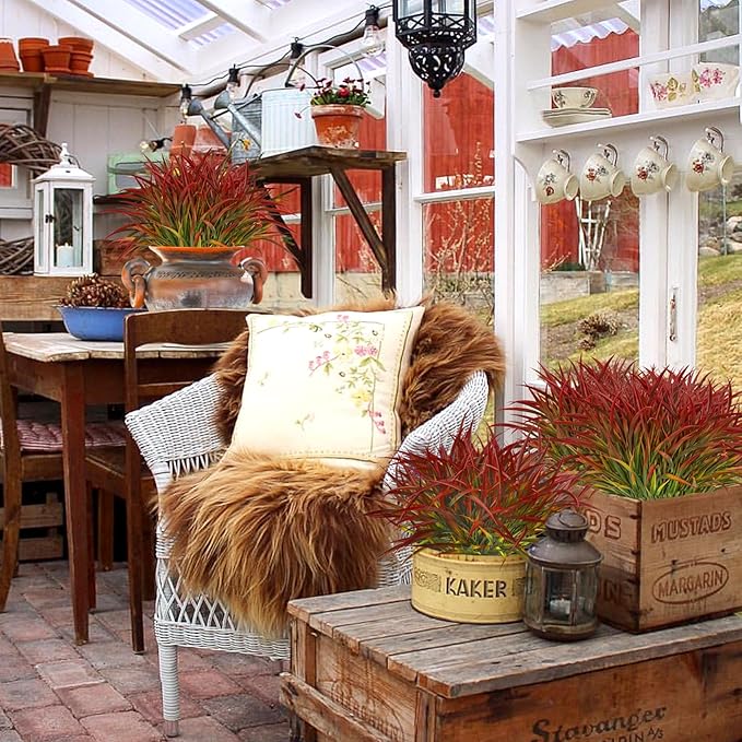 Ouddy Decor 16 Bundles Artificial Plants Outdoor Fake Grass Greenery Stems UV Resistant Faux Plastic Plants Shrubs for Autumn Home Garden Pathway Farmhouse Front Porch Harvest Thanksgiving Decor, Red-VerdiqueGarden