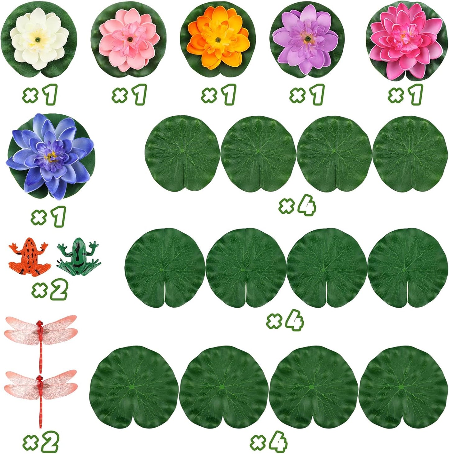 22 Pack Artificial Floating Foam Lotus Flowers with Artificial Frog Lotus Leaves, Lily Pads for Lake, Pond Plants Ornaments for Pool Water Decoration, Colorful-VerdiqueGarden