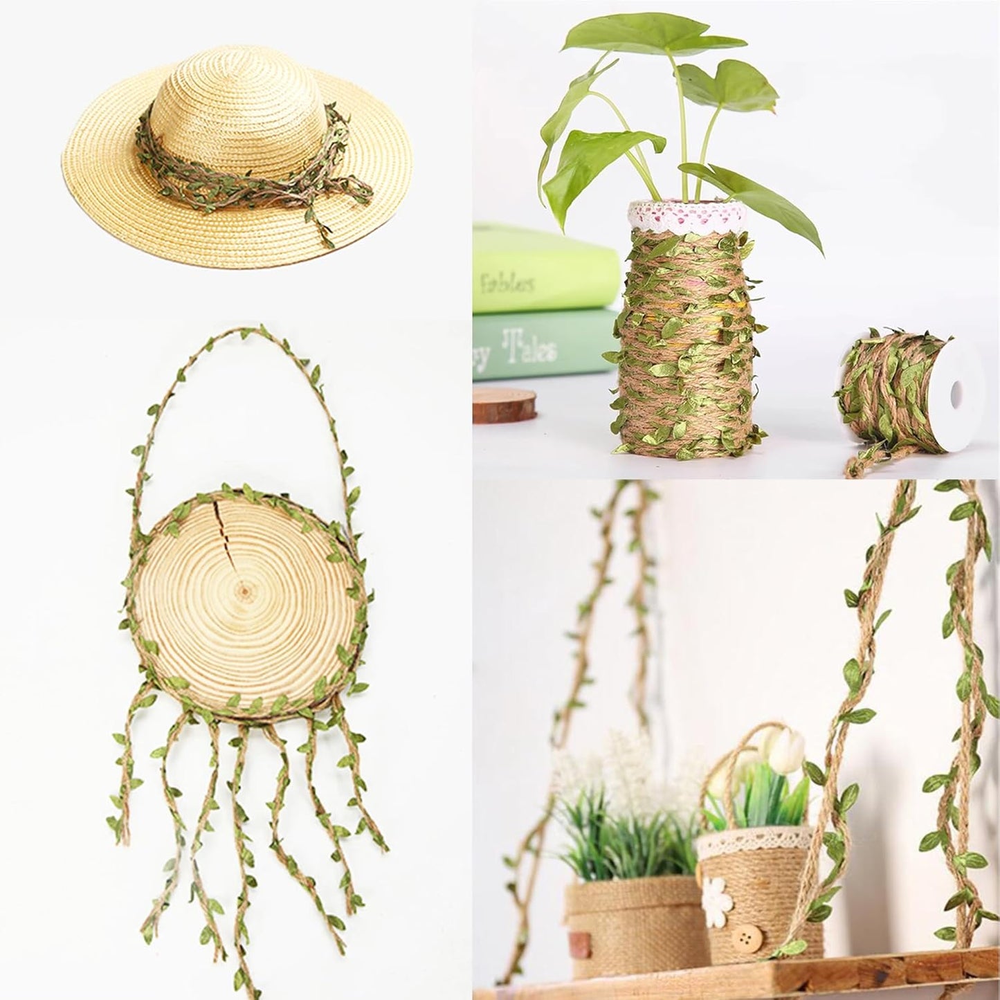 Burlap Leaf Ribbon 2 Rolls 66 Feet Total 5mm Natural Jute Twine with Artificial Green Leaves Braided Decorated Vine for Jungle Safari Party Wedding Garden Home Decor-VerdiqueGarden