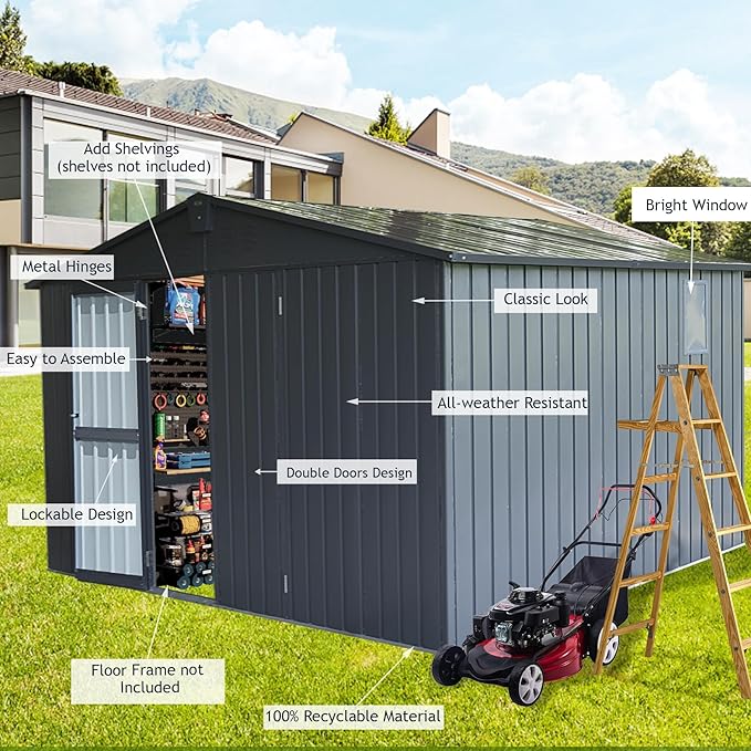 Domi Backyard Storage Shed 11β x 12.5β with Galvanized Steel Frame & Windows, Outdoor Garden Shed Metal Utility Tool Storage Room with Lockable Door for Patio(Dark Gray)-VerdiqueGarden
