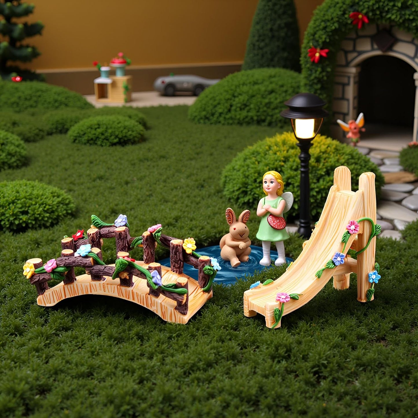 Kai Dream Miniature Fairy Garden Accessories Set, 2 Piece Resin Decorative Landscape Kit with Bridge and Slide, Floral Garden Ornaments-VerdiqueGarden