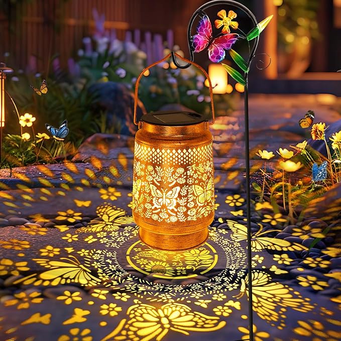 Solar Lanterns Outdoor Garden Decor Butterfly Hanging Lantern Lights, Birthday Gifts for Women Mom Grandma Waterproof Metal Solar Lights LED Decoration with Shepherd Hook for Garden Yard Patio Porch-VerdiqueGarden