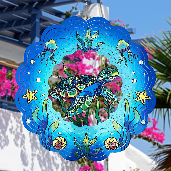 Sea Turtle Wind Spinners 3D Hanging Wind Spinner Sea Turtle Ornament Gifts for Women Mom Grandma,12inch Metal Wind Kinetic Sculpture for Outdoor&Indoor Decor, Yard Art, Garden Decoration-VerdiqueGarden