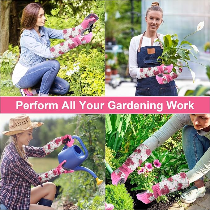 DLY Gardening Gloves for Women, Rose Gloves Gardening Thorn Proof, Long Garden Gloves for Women, Breathable & Durable Leather Gauntlet(Medium, Rose Red)-VerdiqueGarden