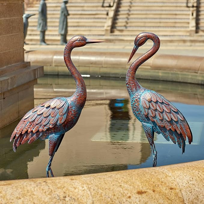 Kircust Garden Crane Statues Patina Heron Decoy, Standing Metal Crane Sculptures Bird Yard Art for Outdoor Decor, 47-48 Inch, Set of 2-VerdiqueGarden